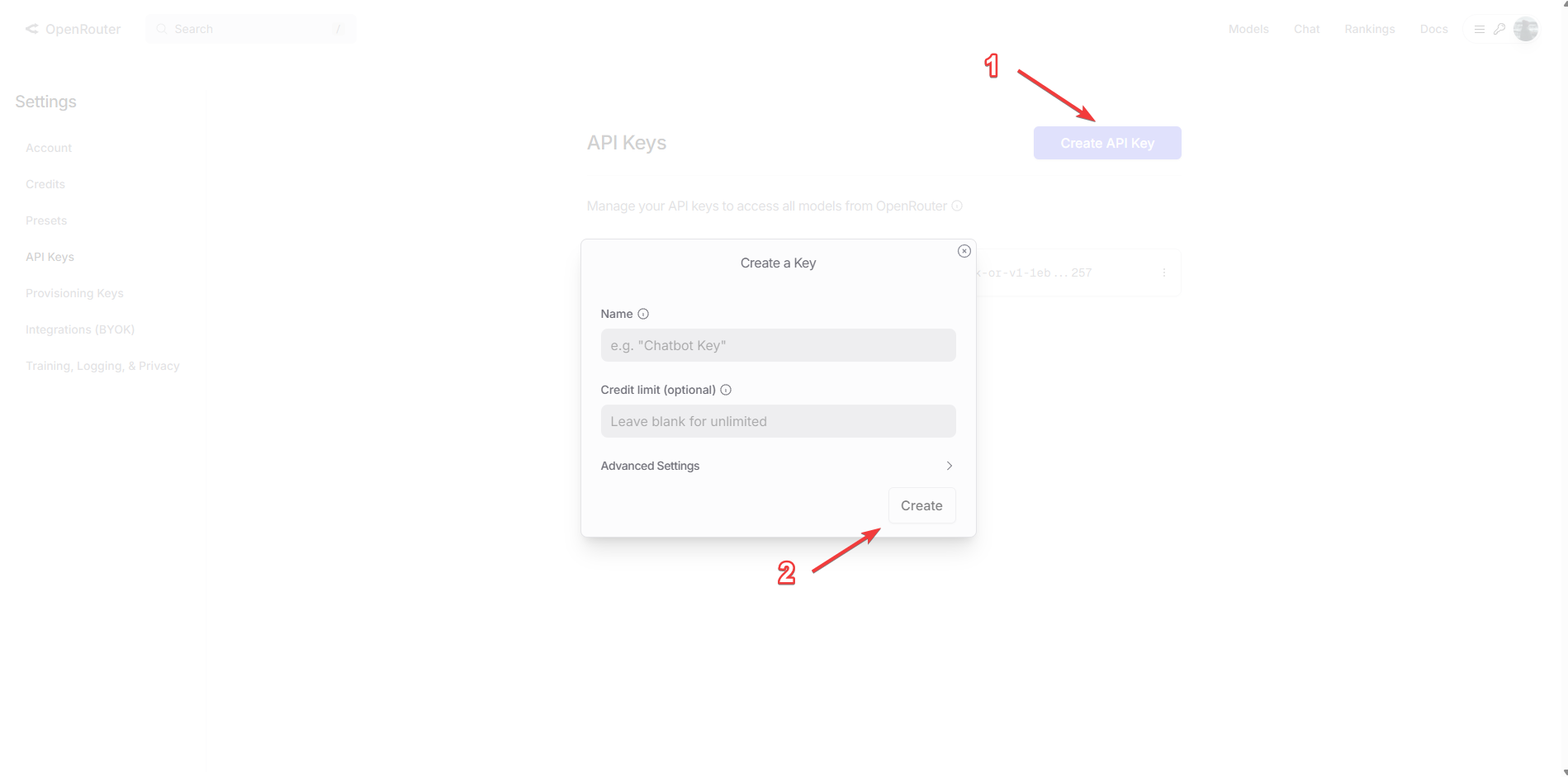 Создание API ключа OpenRouter